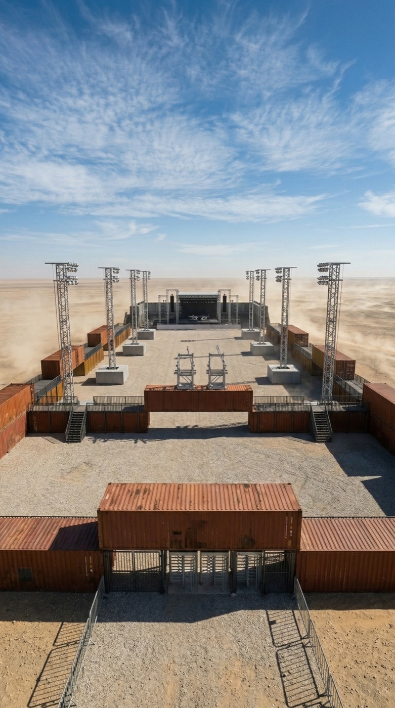 Front Row Festival site, AI-rendered container fortress